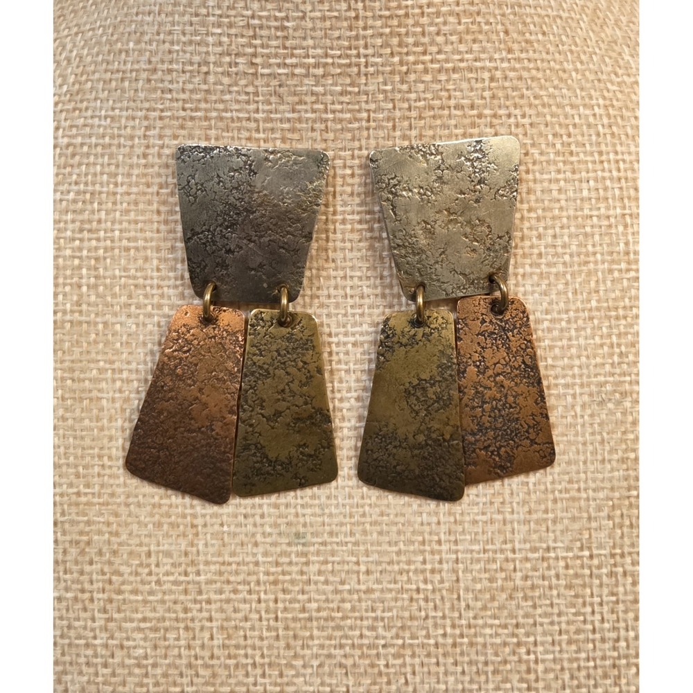 Large Vintage Marjorie Baer San Francisco Brutalist Mixed Metals Dangle Earrings